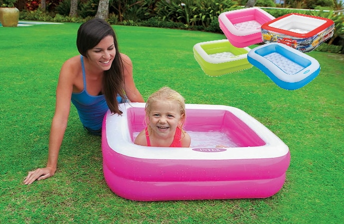 Piscine gonflable bébé format rectangulaire multicolore pour enfants, bain en famille, coloris vert, rose, bleu, et rouge INTEX top5